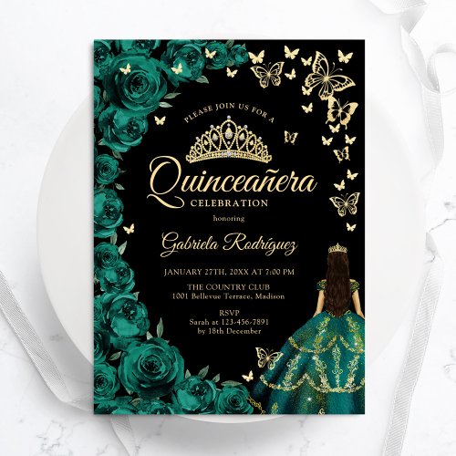 Emerald Green Gold Roses Butterflies Quinceanera Invitation