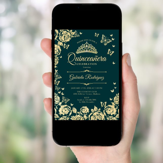 Emerald Green Gold Roses Butterflies Quinceanera Invitation (Front Digital)