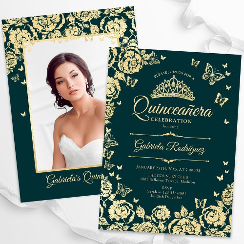Emerald Green Gold Roses Quinceanera Photo Invitation