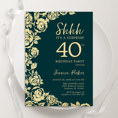 Emerald Green Gold Roses Surprise 40th Birthday Invitation