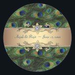 Emerald Green Gold Royal Indian Peacock Wedding Classic Round Sticker<br><div class="desc">Elegant emerald green peacock feathers Indian peacock wedding invitations. Formal bright emerald green,  gold and royal blue peacock feathers peacock Indian wedding invitations. Customize with your choice of text,  font styles and font colors.</div>