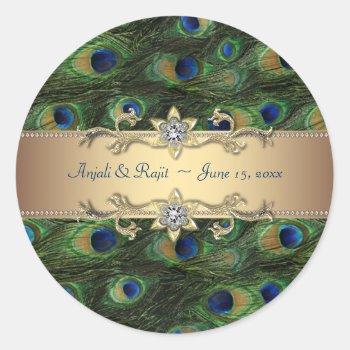 Emerald Green Gold Royal Indian Peacock Wedding Classic Round Sticker by decembermorning at Zazzle