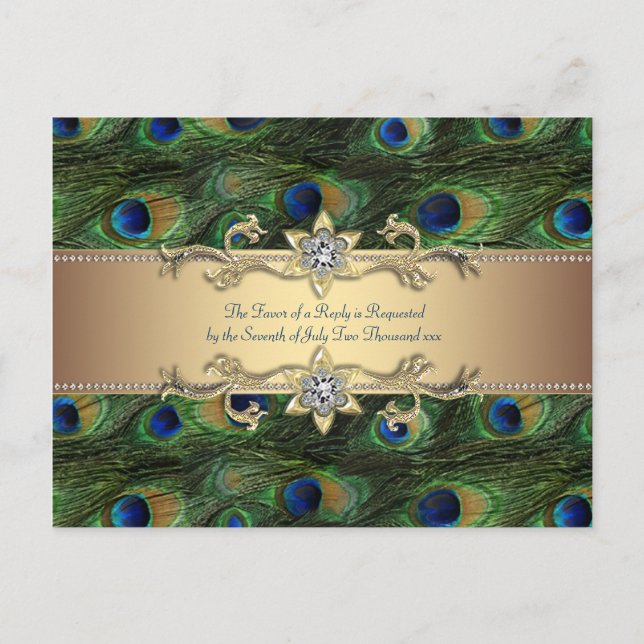 Emerald Green Gold Royal Indian Peacock Wedding Invitation Postcard (Front)