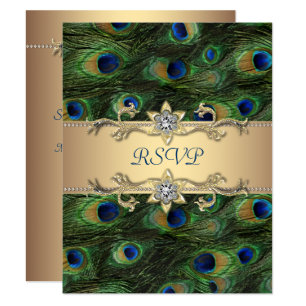 Emerald Green Gold Royal Indian Peacock Wedding RSVP Card