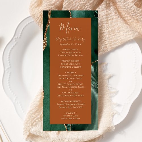 Emerald Green Gold Rust Wedding Menu