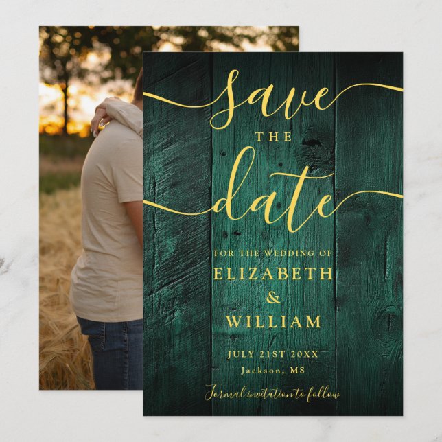 Emerald Green Gold Rustic Barn Wood Photo Wedding  Save The Date (Front/Back)