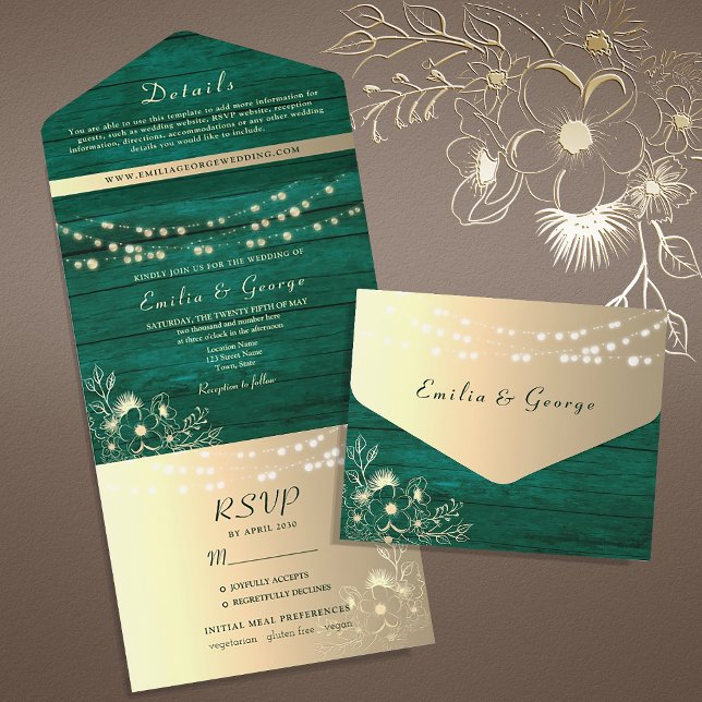 Emerald Green Gold Rustic Photo Wedding All In One Invitation (Creator Uploaded)
