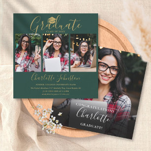 Emerald Green Gold Script 4 Photo Graduation Party Invitation