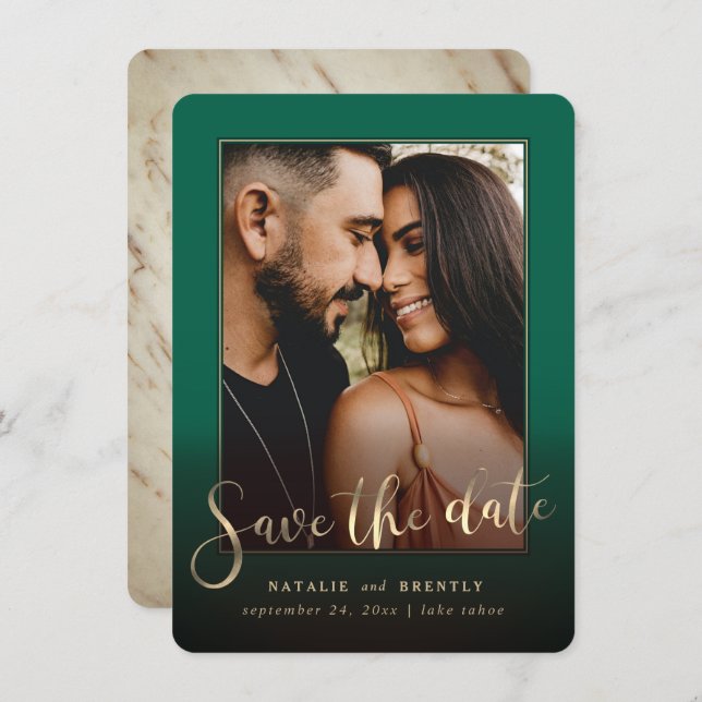 Emerald Green Gold Script & Marble Photo Overlay Save The Date (Front/Back)