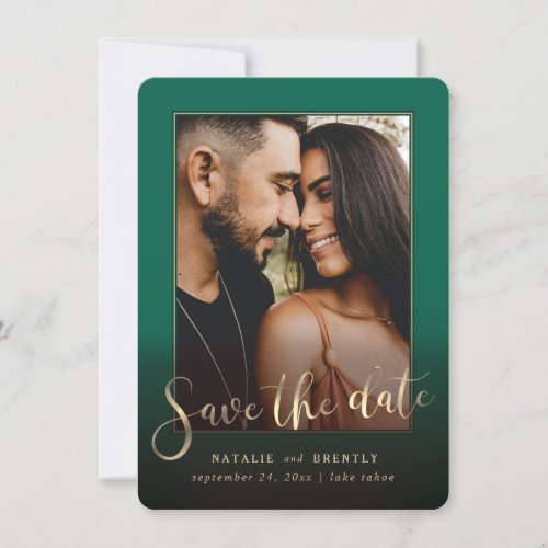 Emerald Green Gold Script  Marble Photo Overlay Save The Date