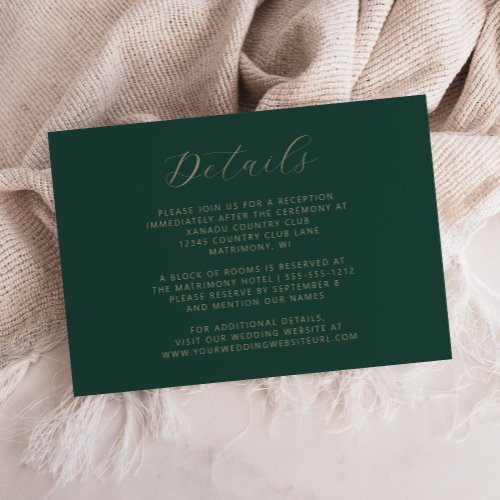 Emerald Green Gold Script Wedding Enclosure Card
