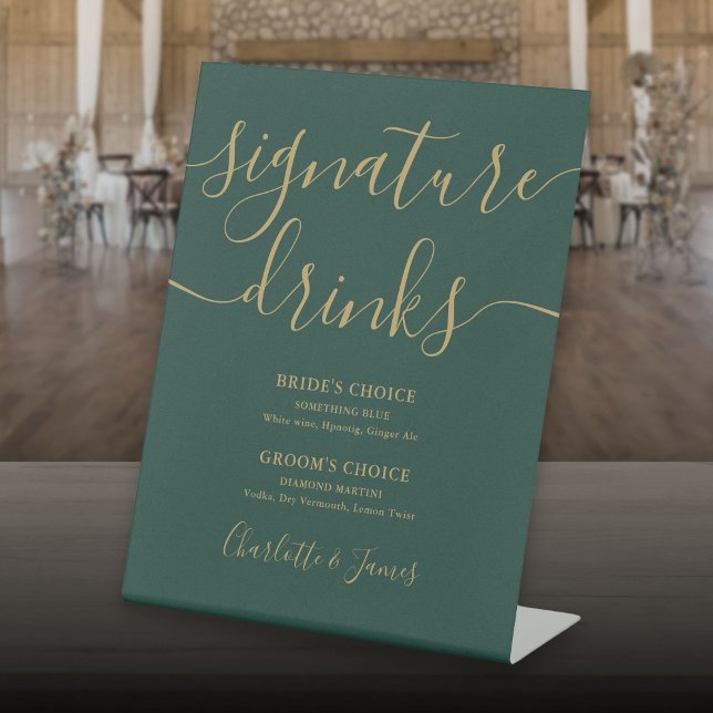 Emerald Green Gold Script Wedding Signature Drinks Pedestal Sign (Emerald Green Gold Script Wedding Signature Drinks Pedestal Sign)