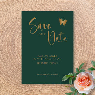 Emerald Green & Gold Script with Glitter Butterfly Save The Date