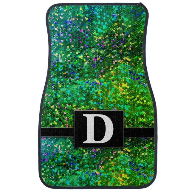 Emerald Green Gold Sequins Monogrammed Classic Car Floor Mat (Front)