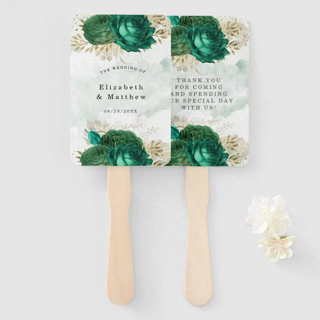 Emerald Green Gold Shine Glitter Wedding Thank You Hand Fan (Front and Back)