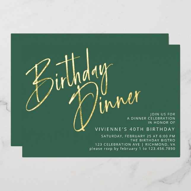 Emerald Green & Gold Simple Modern Birthday Dinner Foil Invitation (Front/Back)