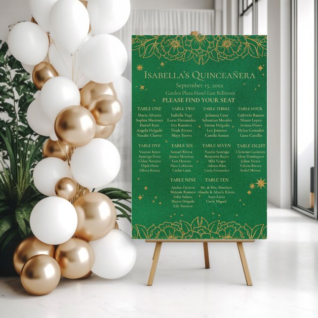 Emerald Green Gold Stardust Quinceañera Seating  Foam Board (Emerald green and gold Quinceañera seating chart for a larger celebration)
