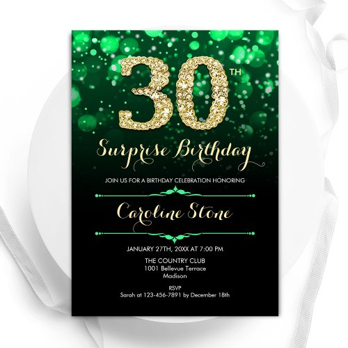 Emerald Green Gold Surprise 30th Birthday Invitation