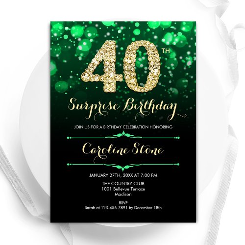 Emerald Green Gold Surprise 40th Birthday Invitation