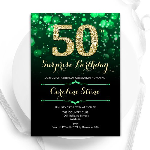 Emerald Green Gold Surprise 50th Birthday Invitation