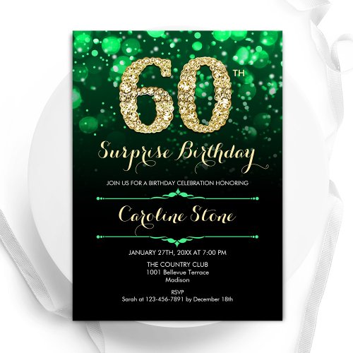 Emerald Green Gold Surprise 60th Birthday Invitation