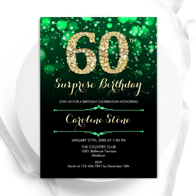 Emerald Green Gold Surprise 60th Birthday Invitation (Creator Uploaded)