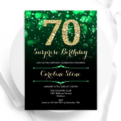 Emerald Green Gold Surprise 70th Birthday Invitation