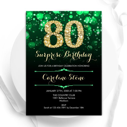 Emerald Green Gold Surprise 80th Birthday Invitation