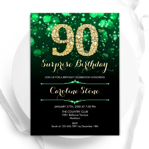 Emerald Green Gold Surprise 90th Birthday Invitation