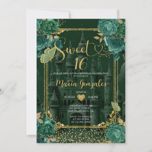 Emerald Green  Gold Sweet 16 Girl Birthday  Invitation