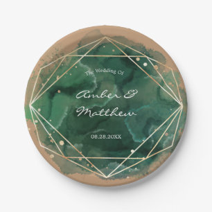 Emerald Green Gold Tan Watercolor Wedding Paper Plates
