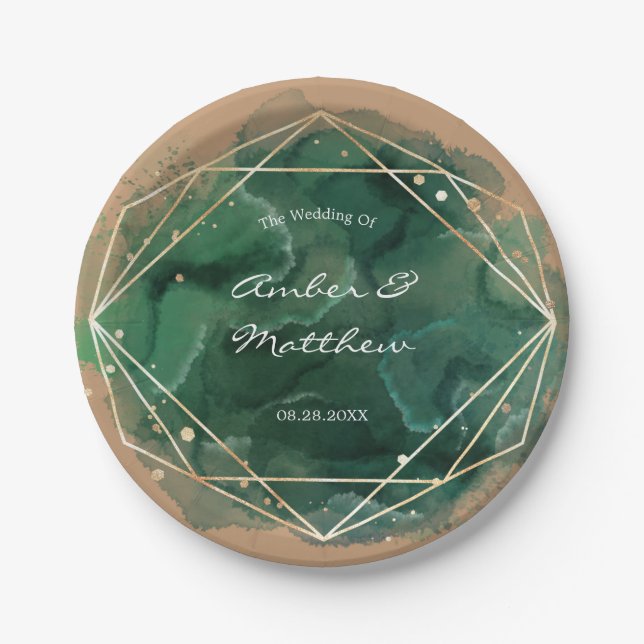 Emerald Green Gold Tan Watercolor Wedding Paper Plates (Front)