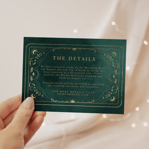 Emerald Green Gold Tarot Celestial Wedding Details Enclosure Card