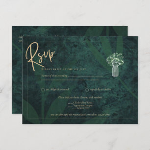 Emerald Green Gold Text Gypsophila Wedding RSVP Postcard