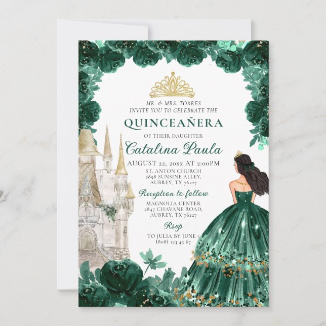 Emerald Green Gold Tiara Princess Quinceañera Invitation (Front)