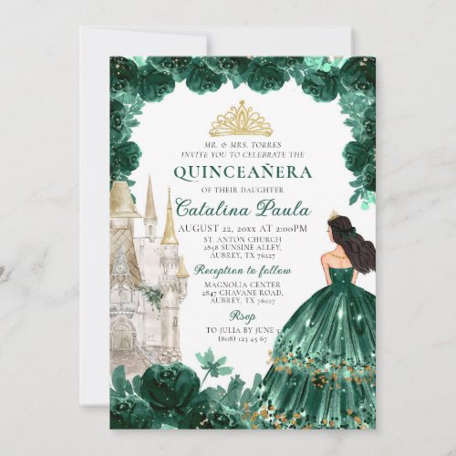 Emerald Green Gold Tiara Princess Quinceaera Invitation