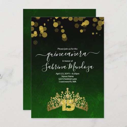 Emerald Green Gold Tiara Quinceanera Invitation
