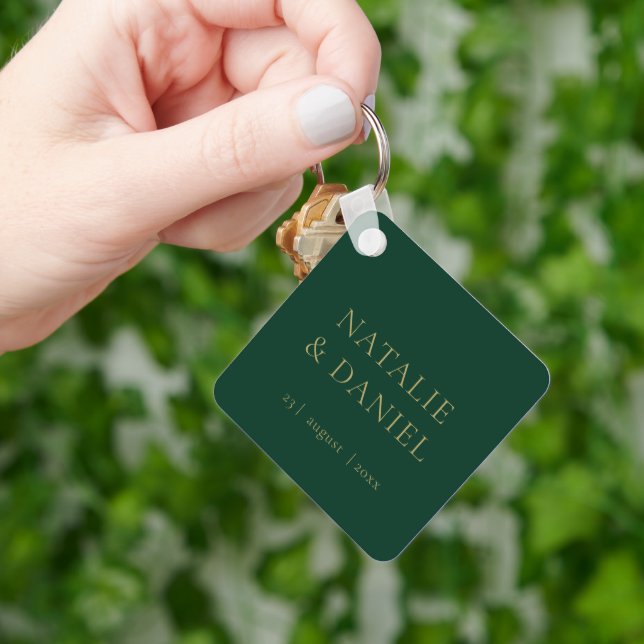 Emerald Green & Gold Typography Glamour Wedding Keychain (Hand)