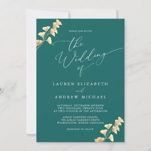 Emerald Green  Gold Watercolor Wedding Invitation