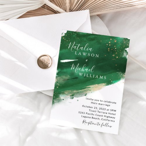 Emerald Green  Gold Watercolor Wedding Invitation