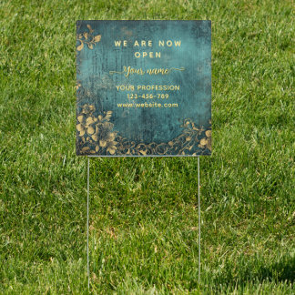Emerald green gold We are open Business Sign