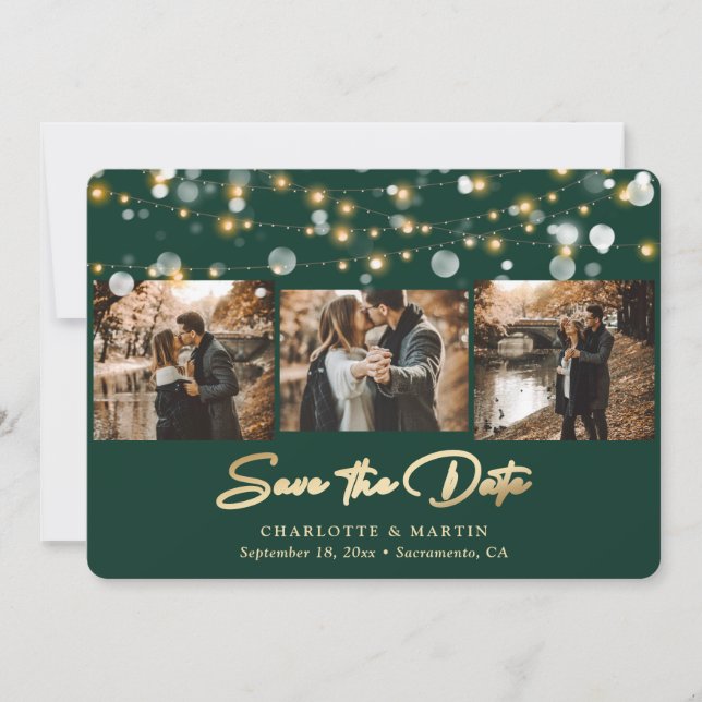 Emerald Green Gold Wedding 3 Photo Save The Date (Front)