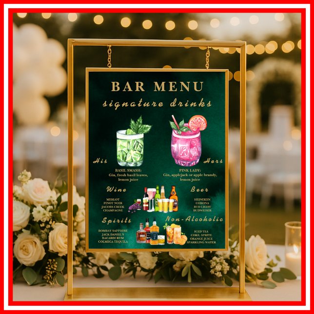  Emerald Green & Gold Wedding Bar Menu  Poster (Creator Uploaded)
