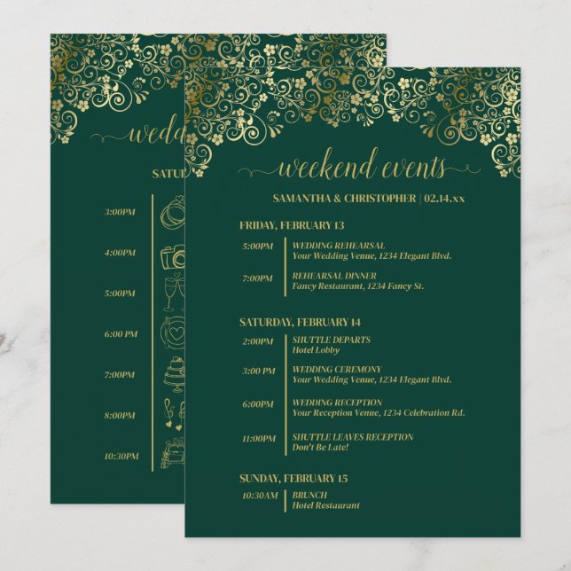 Emerald Green & Gold Wedding Events & Timeline Program (Front/Back)