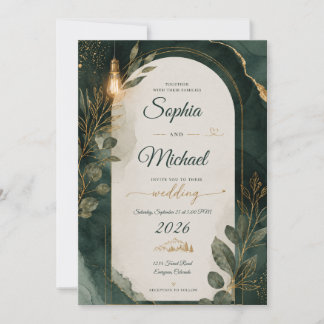 Emerald Green & Gold Wedding Invitation