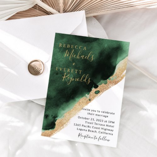 Emerald Green  Gold Wedding Invitation