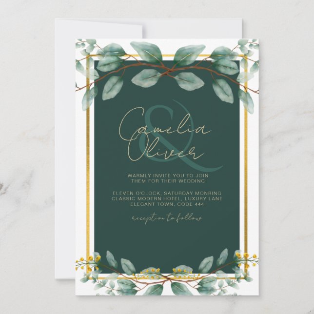 Emerald Green Gold Wedding Invitations Digital (Front)