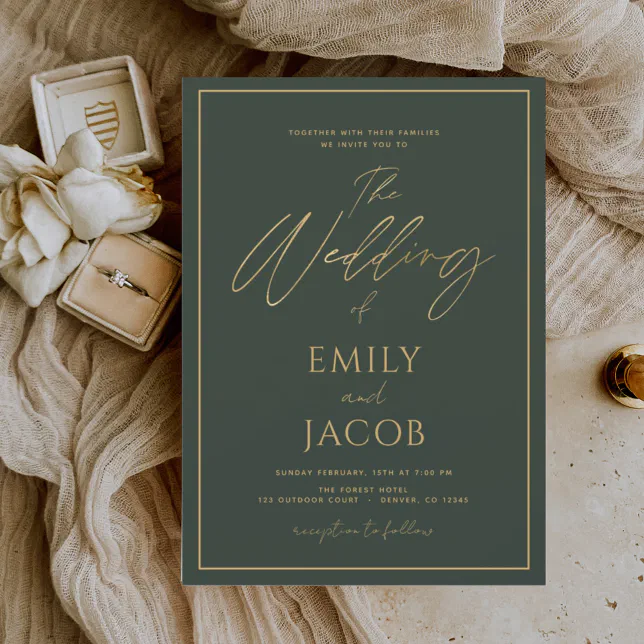 Emerald Green Gold Wedding Modern Script Invitation | Zazzle