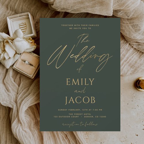 Emerald Green Gold Wedding Modern Script Invitation