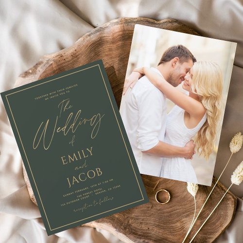 Emerald Green Gold Wedding Photo Picture Invitation